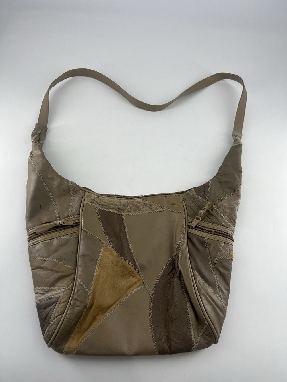 Y2K Patchwork Tan Brown Bag Purse Shoulder Bag Medium Zip Leather Retro